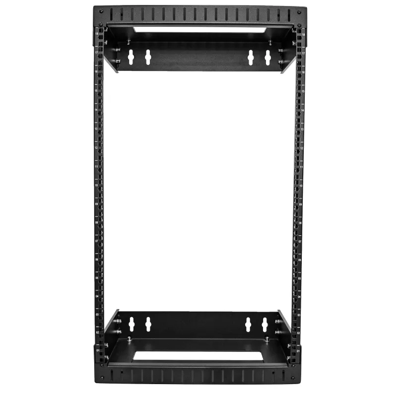 StarTech.com rack de red de montaje en pared de 18U y 19 pulgadas – profundidad ajustable 12-20 pulgadas rack de estructura abierta de 2 postes para sala de servidores para comunicación AV/datos/IT/dispositivos informáticos/switch con tuercas enjauladas y tornillos
