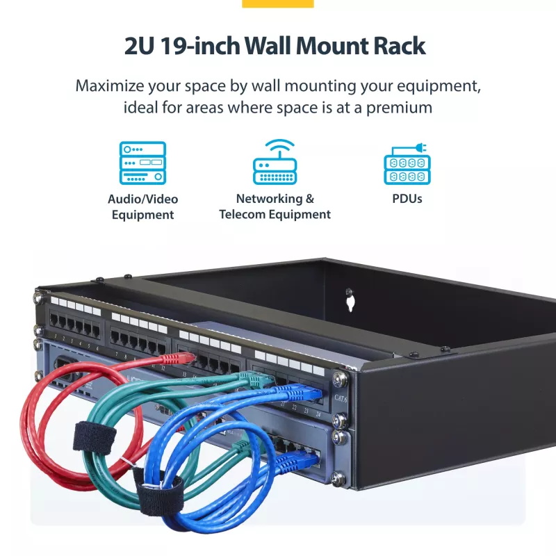 StarTech.com RACK-2U-14-BRACKET rack de red de pared 2U de 19 pulgadas, 14 pulgadas de profundidad (perfil bajo), soporte para panel de conexiones, capacidad de 35 kg (77 lbs), negro