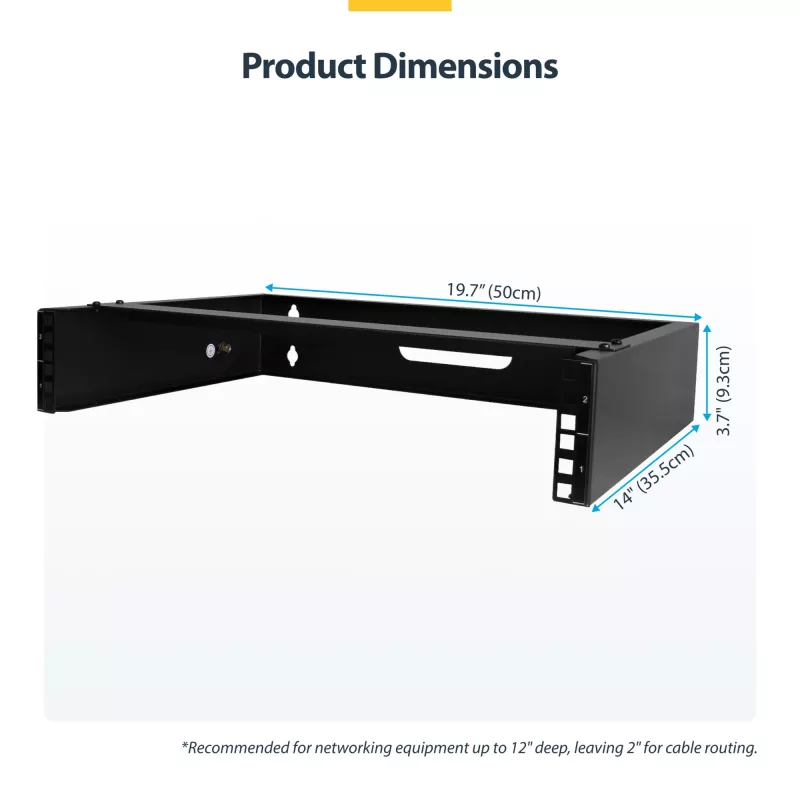StarTech.com RACK-2U-14-BRACKET rack de red de pared 2U de 19 pulgadas, 14 pulgadas de profundidad (perfil bajo), soporte para panel de conexiones, capacidad de 35 kg (77 lbs), negro