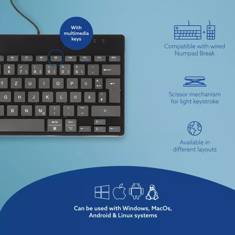 Teclado ergonómico R-Go Tools R-Go Compact Break, teclado compacto con software de pausas, QWERTZ (DE), con cable, negro