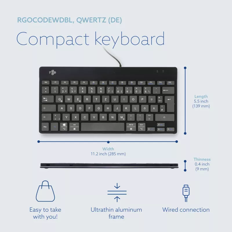 Teclado ergonómico R-Go Tools R-Go Compact Break, teclado compacto con software de pausas, QWERTZ (DE), con cable, negro