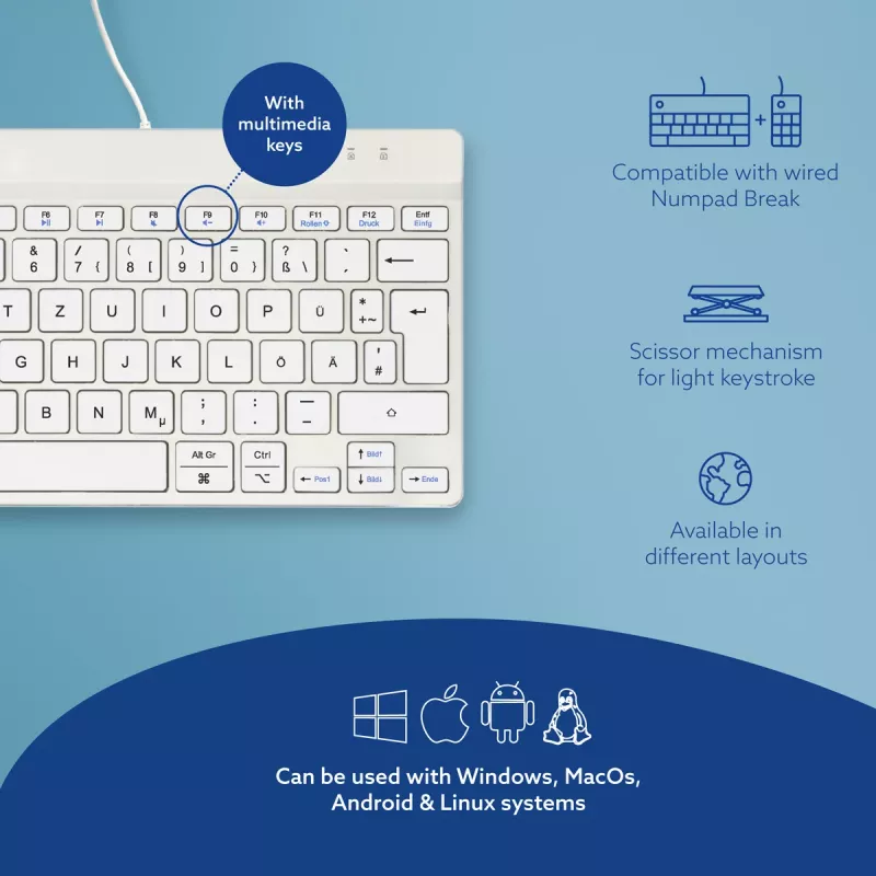 Teclado ergonómico R-Go Tools R-Go Compact Break, teclado compacto con software de pausas, QWERTZ (DE), con cable, blanco