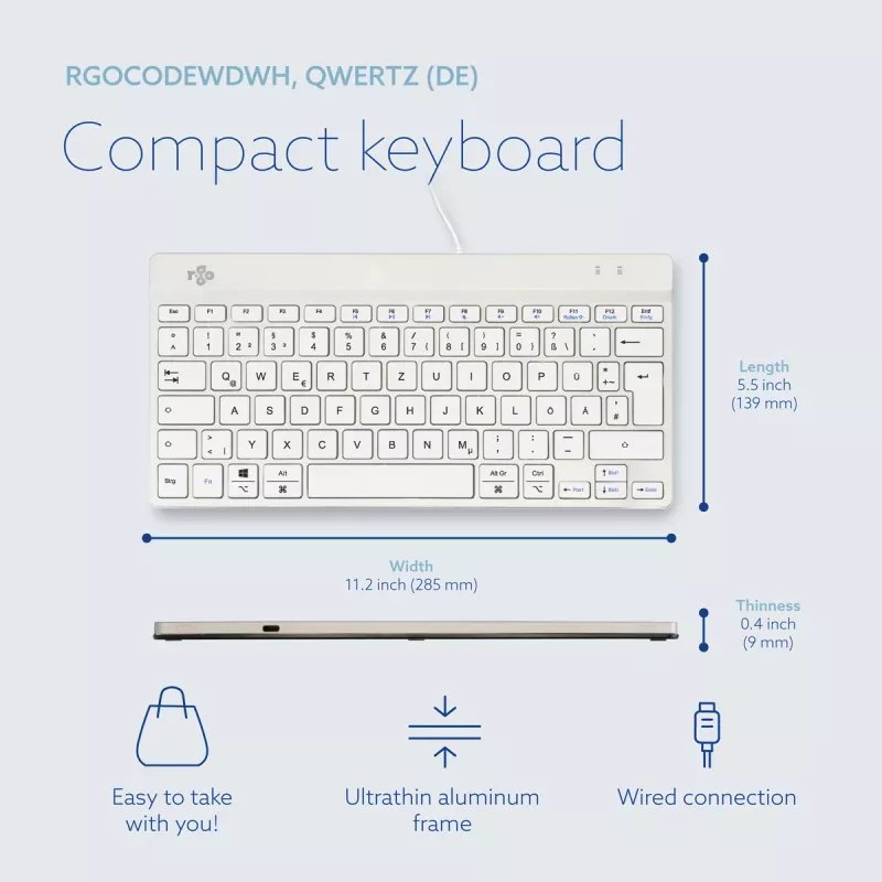 Teclado ergonómico R-Go Tools R-Go Compact Break, teclado compacto con software de pausas, QWERTZ (DE), con cable, blanco