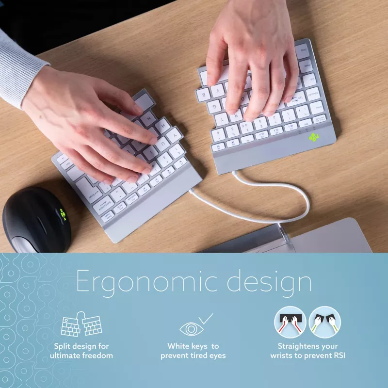 Teclado ergonómico R-Go Tools R-Go Split Break con software de pausas, teclado ergonómico dividido, QWERTZ (DE), Bluetooth, blanco