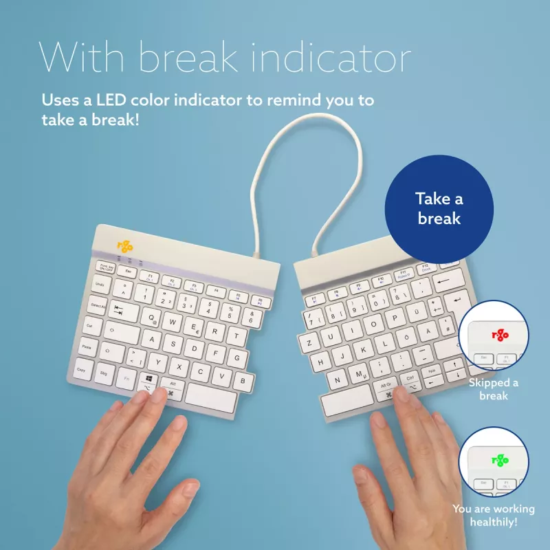 Teclado ergonómico R-Go Tools R-Go Split Break con software de pausas, teclado ergonómico dividido, QWERTZ (DE), Bluetooth, blanco