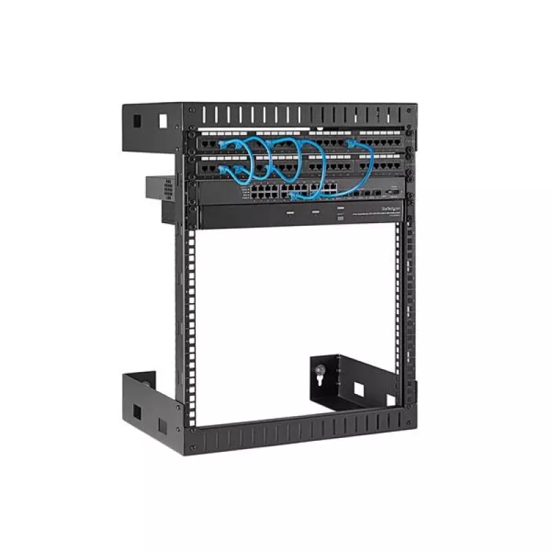 StarTech.com Armario de red de pared 12HE 19 pulgadas – 12 pulgadas de profundidad, rack de servidor de 2 postes open frame para equipos de datos/AV/IT/informática/panel de parcheo con tuercas de jaula y tornillos, capacidad de carga 90 kg, negro (RK12WALLO)