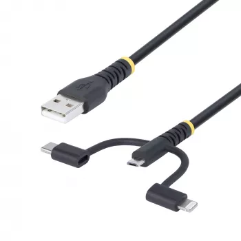 Cable de carga múltiple USB resistente StarTech.com de 1m, USB a Lightning/Micro-USB/Type-C, certificado Apple MFi, funda de aramida, cable de carga USB universal 3 en 1 para iPhone/iPad/Android