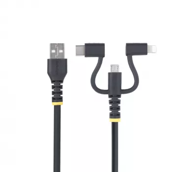 Cable de carga múltiple USB resistente StarTech.com de 1m, USB a Lightning/Micro-USB/Type-C, certificado Apple MFi, funda de aramida, cable de carga USB universal 3 en 1 para iPhone/iPad/Android