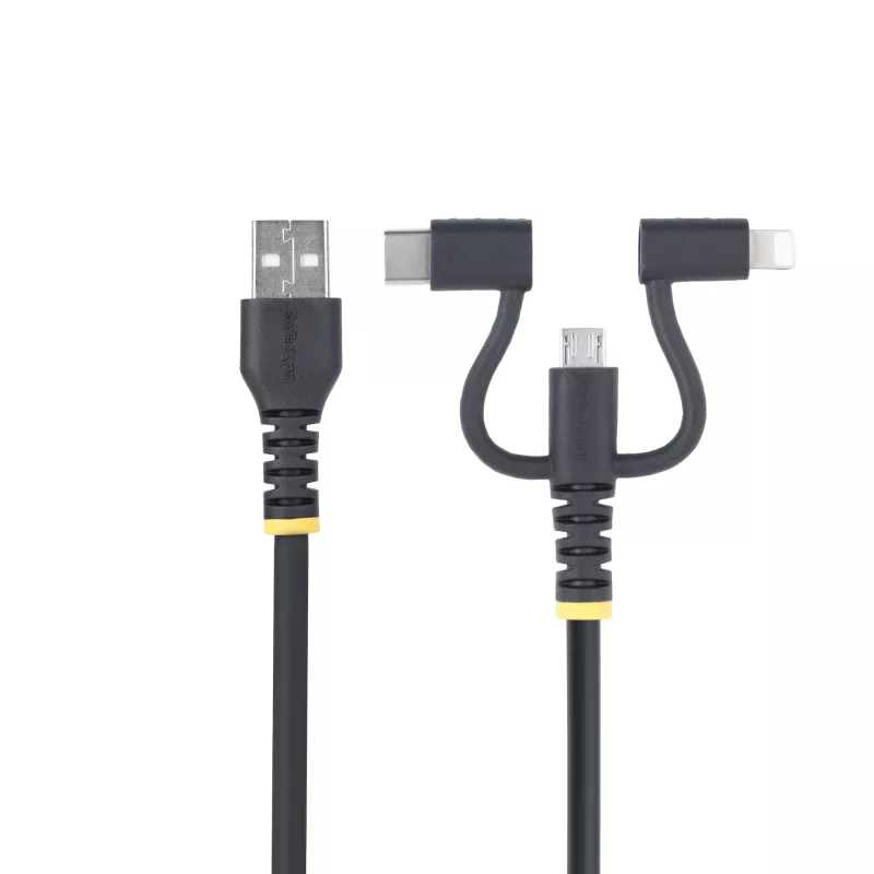 Cable de carga múltiple USB resistente StarTech.com de 1m, USB a Lightning/Micro-USB/Type-C, certificado Apple MFi, funda de aramida, cable de carga USB universal 3 en 1 para iPhone/iPad/Android
