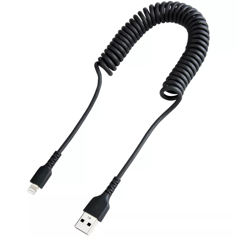 Cable USB a Lightning de 1 m (3 ft) StarTech.com, certificado MFi, cable de carga en espiral para iPhone, negro, funda de TPE resistente con fibra de aramida, cable en espiral Lightning resistente