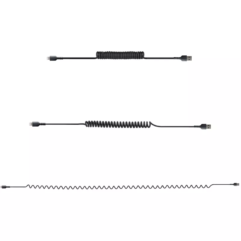 Cable USB a Lightning de 1 m (3 ft) StarTech.com, certificado MFi, cable de carga en espiral para iPhone, negro, funda de TPE resistente con fibra de aramida, cable en espiral Lightning resistente