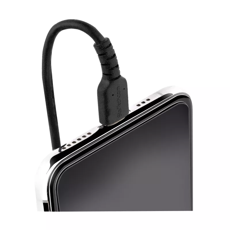 Cable USB a Lightning de 1 m (3 ft) StarTech.com, certificado MFi, cable de carga en espiral para iPhone, negro, funda de TPE resistente con fibra de aramida, cable en espiral Lightning resistente