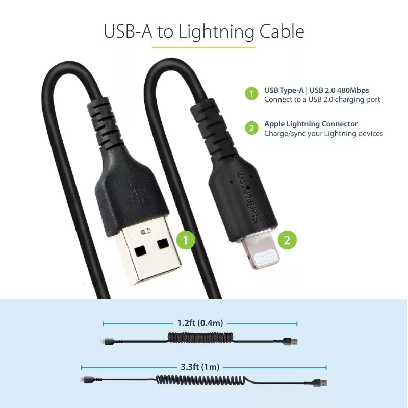 Cable USB a Lightning de 1 m (3 ft) StarTech.com, certificado MFi, cable de carga en espiral para iPhone, negro, funda de TPE resistente con fibra de aramida, cable en espiral Lightning resistente