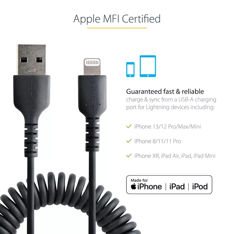 Cable USB a Lightning de 1 m (3 ft) StarTech.com, certificado MFi, cable de carga en espiral para iPhone, negro, funda de TPE resistente con fibra de aramida, cable en espiral Lightning resistente