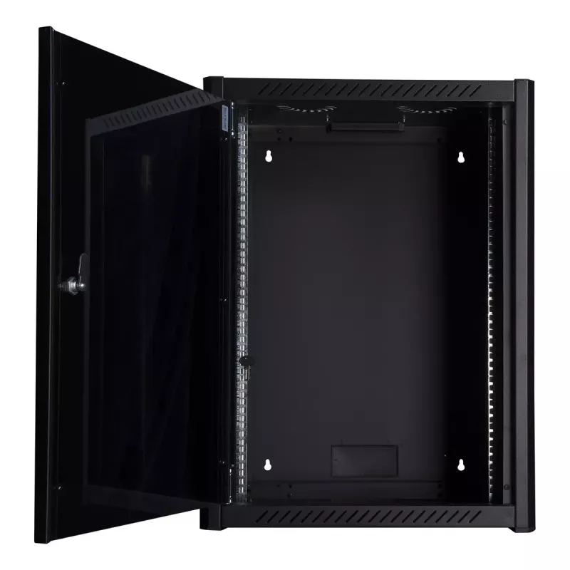 Armario de montaje en pared LOGON RWM16U56BL 16U negro cerradura con llave gestión de cables