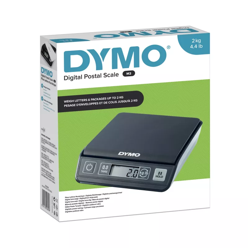 DYMO M2 báscula postal digital, 2 kg, LCD, 3x AAA, 18,5 x 16,1 x 4,4 cm, negra