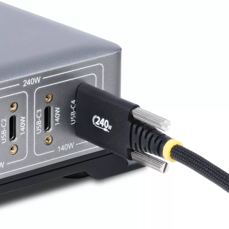 StarTech.com Cable de carga USB-C de 2 m, bloqueo lateral con tornillo, 240 W (5 A) PD EPR, funda doble de silicona/trenzado, cable de carga para portátil USB 2.0, certificado USB-IF, cable de carga USB-C resistente