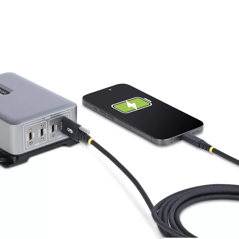 StarTech.com Cable de carga USB-C de 2 m, bloqueo lateral con tornillo, 240 W (5 A) PD EPR, funda doble de silicona/trenzado, cable de carga para portátil USB 2.0, certificado USB-IF, cable de carga USB-C resistente