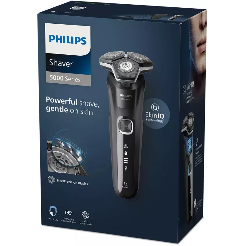 Afeitadora eléctrica rotativa Philips Series 5000 S5898/35 — 3 cabezales, en húmedo y en seco, cuchillas SteelPrecision, 60 min inalámbrica