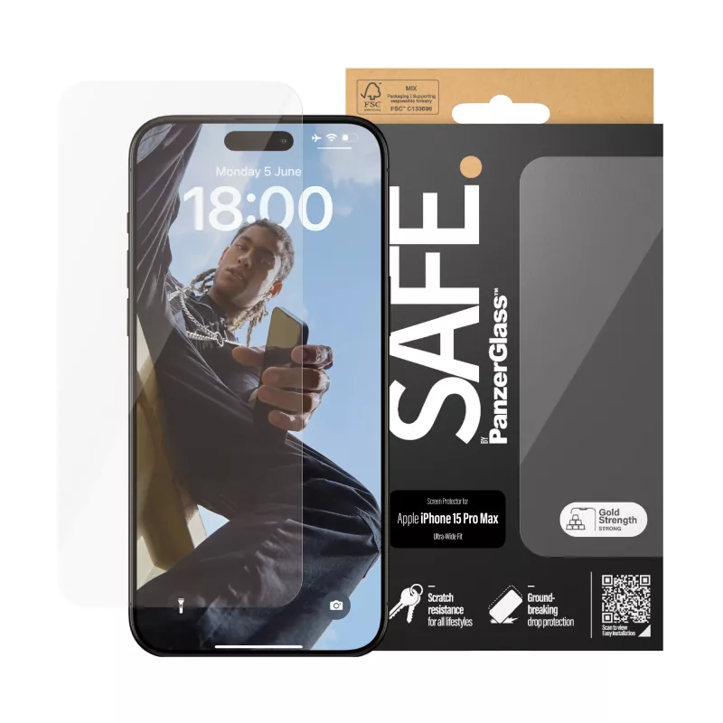 PanzerGlass SAFE. by ® Protector de pantalla iPhone 15 Pro Max | Ultra-Wide Fit