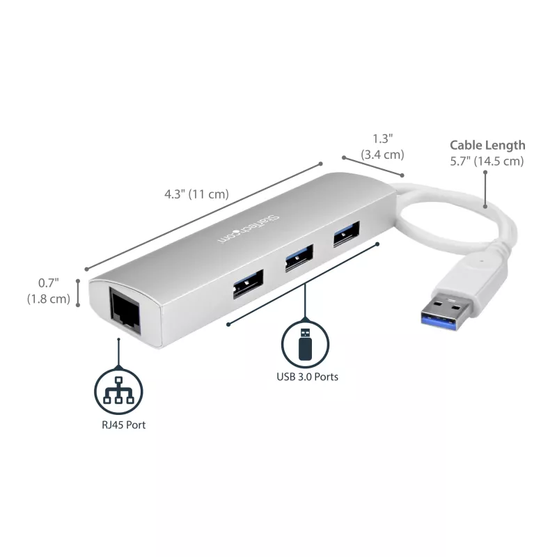 StarTech.com hub USB 3.0 portátil de 3 puertos con Gigabit Ethernet - cable integrado~hub USB 3.0 portátil de 3 puertos con Gigabit Ethernet - 5 Gbit/s - cable integrado