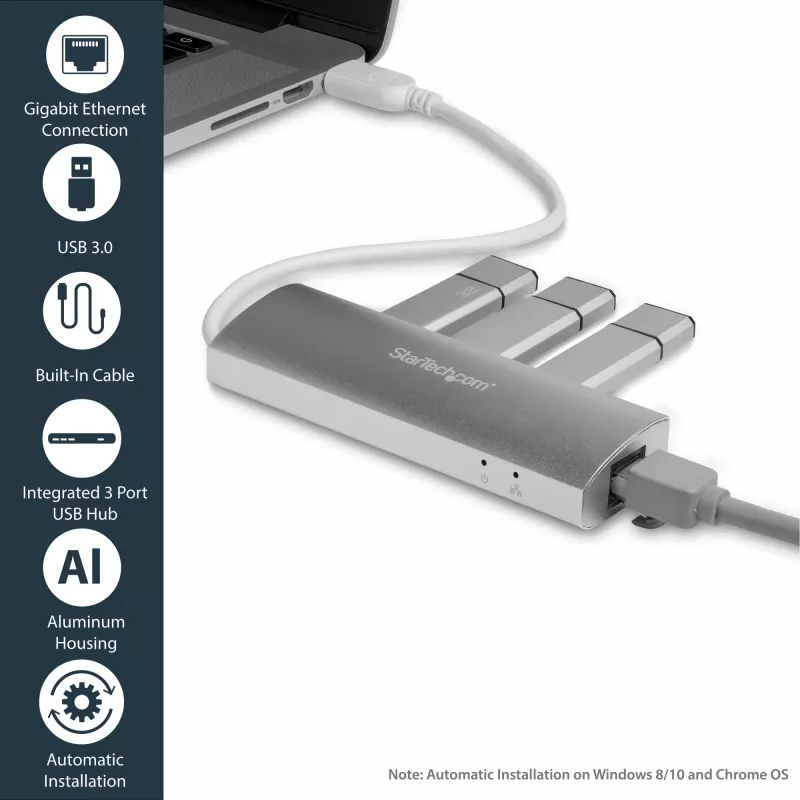StarTech.com hub USB 3.0 portátil de 3 puertos con Gigabit Ethernet - cable integrado~hub USB 3.0 portátil de 3 puertos con Gigabit Ethernet - 5 Gbit/s - cable integrado