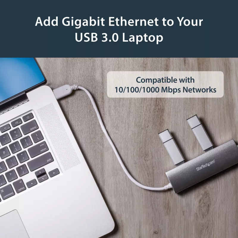 StarTech.com hub USB 3.0 portátil de 3 puertos con Gigabit Ethernet - cable integrado~hub USB 3.0 portátil de 3 puertos con Gigabit Ethernet - 5 Gbit/s - cable integrado