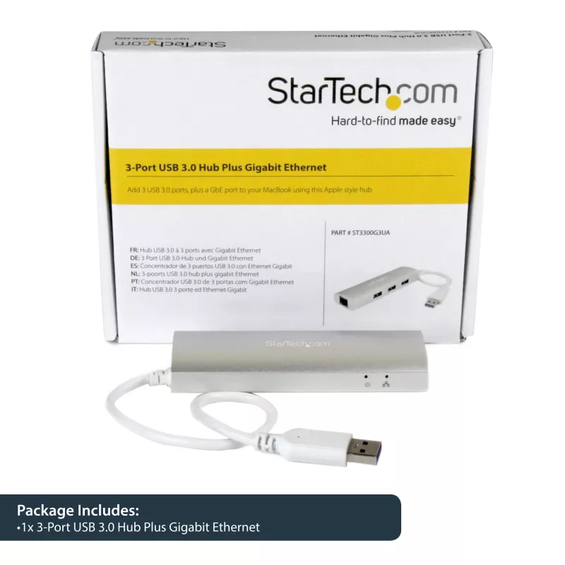 StarTech.com hub USB 3.0 portátil de 3 puertos con Gigabit Ethernet - cable integrado~hub USB 3.0 portátil de 3 puertos con Gigabit Ethernet - 5 Gbit/s - cable integrado