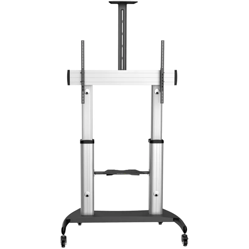 StarTech.com STNDMTV100 soporte de TV móvil, carro de TV para uso intensivo para pantallas de 60-100 pulgadas (100 kg / 220 lb), altura ajustable 1200-1700 mm, VESA de 200x200 a 1000x600, con estante, negro/plateado