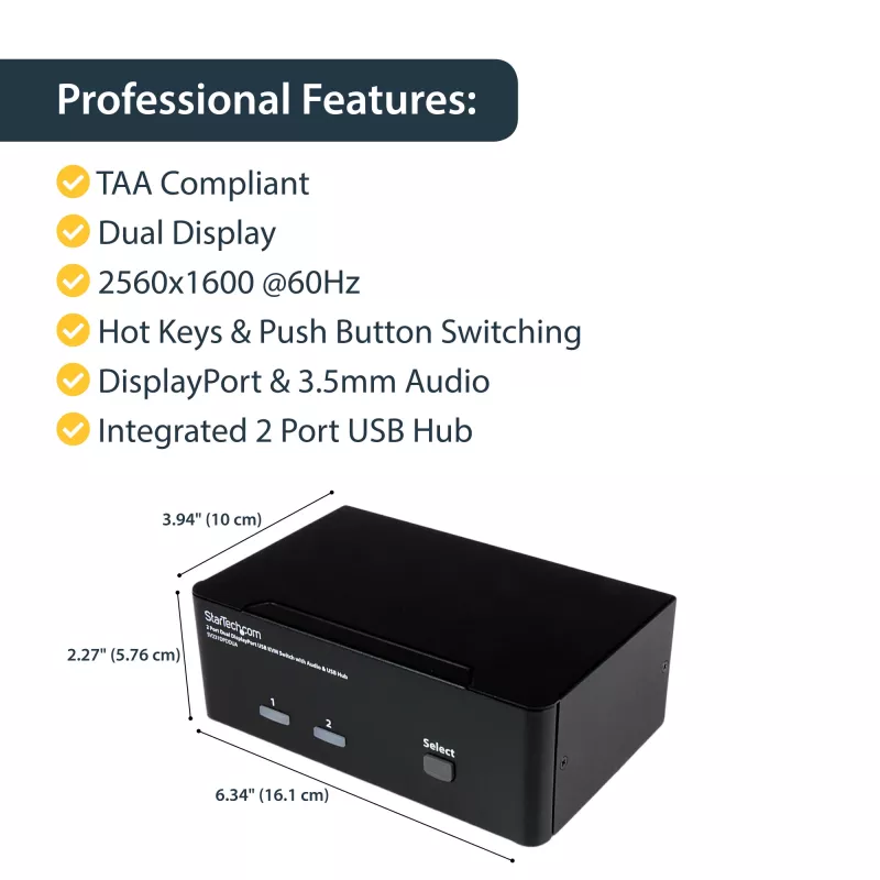 Conmutador KVM USB StarTech.com de 2 puertos Dual DisplayPort con audio y hub USB 2.0