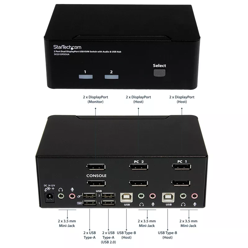 Conmutador KVM USB StarTech.com de 2 puertos Dual DisplayPort con audio y hub USB 2.0