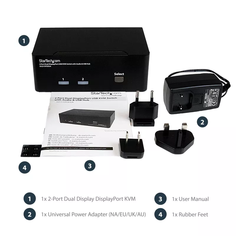 Conmutador KVM USB StarTech.com de 2 puertos Dual DisplayPort con audio y hub USB 2.0