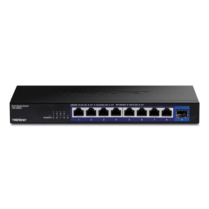 Switch de red no gestionado TRENDnet TEG-S5091 — 8 puertos RJ-45 2.5G, 60 Gbit/s, 12V, montaje en pared