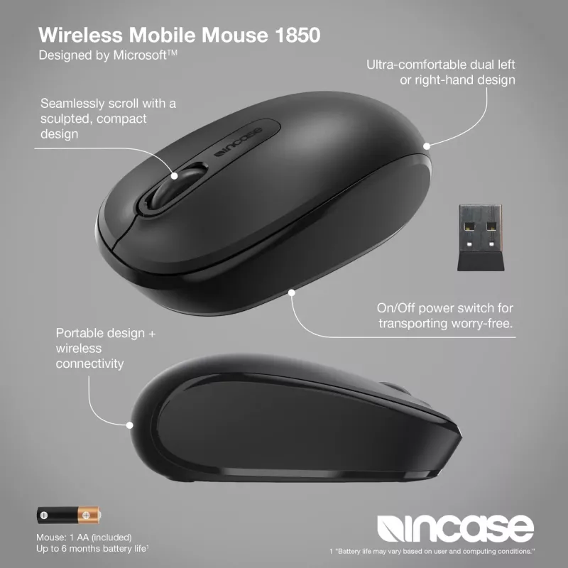 Incase Designed by Microsoft Wireless Mobile 1850 ratón de viaje ambidiestro RF Wireless Óptico