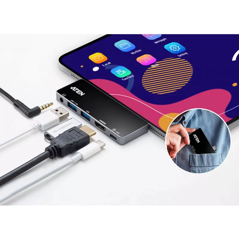 Dock de viaje USB-C ATEN con paso de corriente, Universal, USB Type-C, Negro, Plata