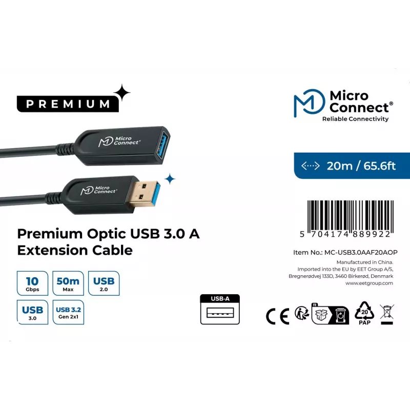 Cable USB Microconnect USB3.0AAF20AOP USB 3.2 Gen 1 (3.1 Gen 1) 20 m USB A negro