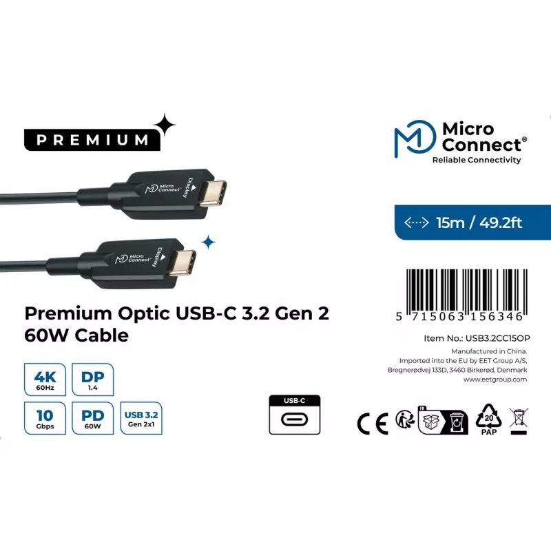 Cable USB Microconnect USB3.2CC15OP 15 m USB-C Negro 10 Gbit/s