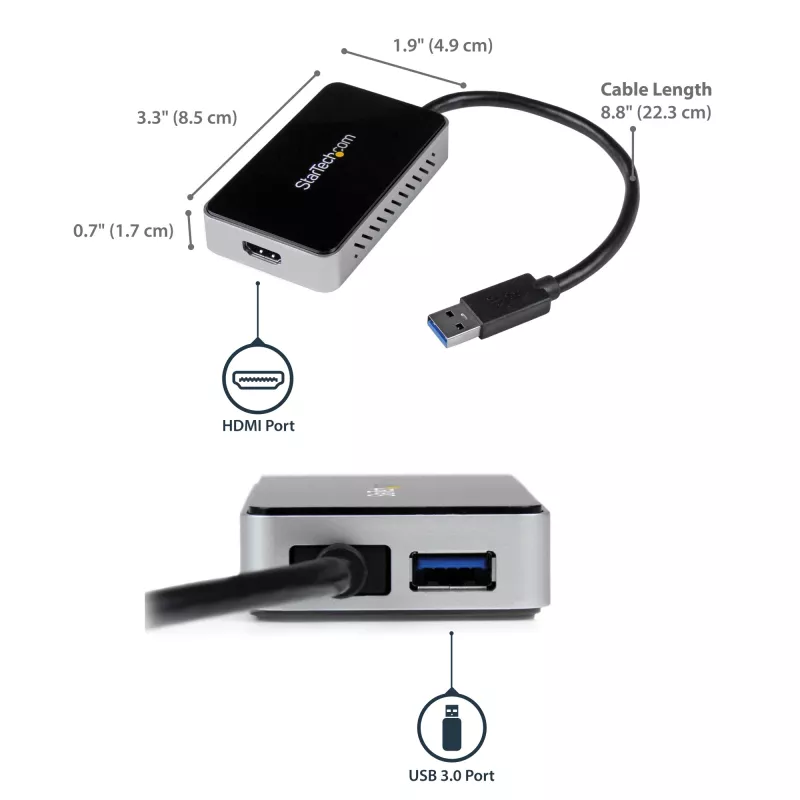 StarTech.com Adaptador USB 3.0 a HDMI con 1x USB, convertidor USB a monitor HDMI para Windows (sin soporte para macOS/ChromeOS/Linux) - TAA