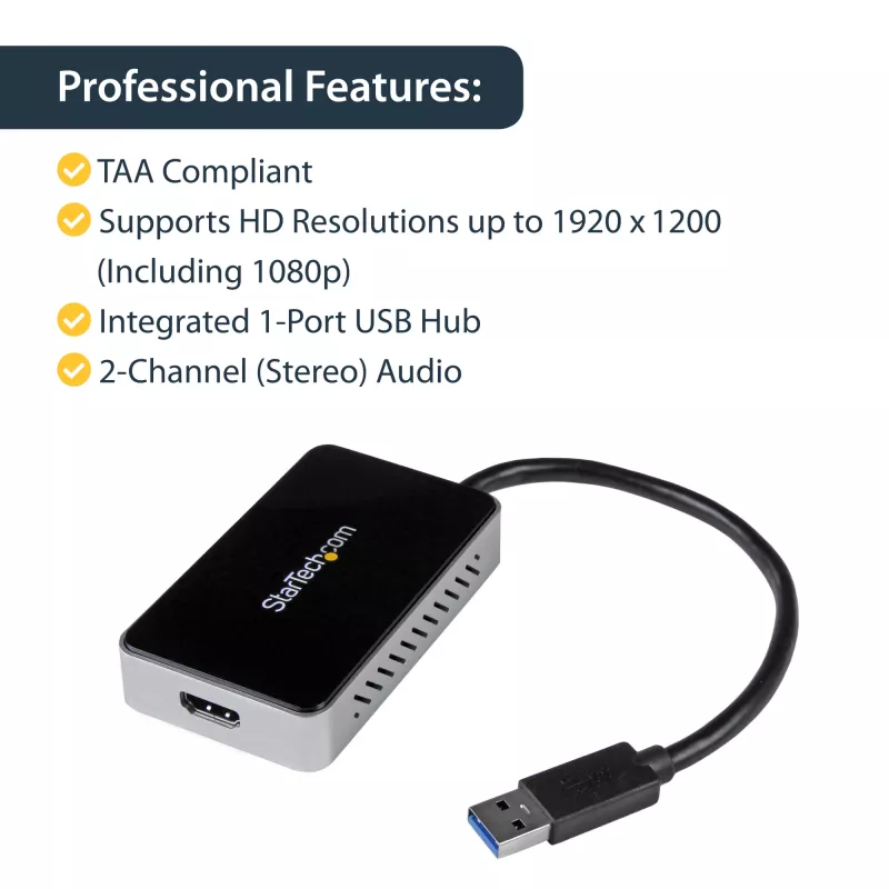 StarTech.com Adaptador USB 3.0 a HDMI con 1x USB, convertidor USB a monitor HDMI para Windows (sin soporte para macOS/ChromeOS/Linux) - TAA
