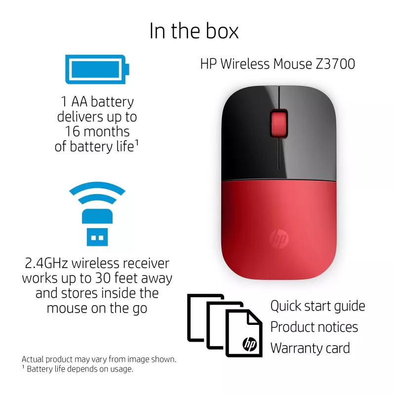 Ratón inalámbrico HP Z3700 rojo, ambidiestro, óptico, RF inalámbrico, 1200 DPI, rojo