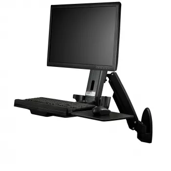Estación de trabajo de montaje en pared StarTech.com – Escritorio elevable articulado Full-Motion con brazo ergonómico regulable en altura para monitor y bandeja de teclado – Soporte para ratón y escáner – Pantalla VESA individual