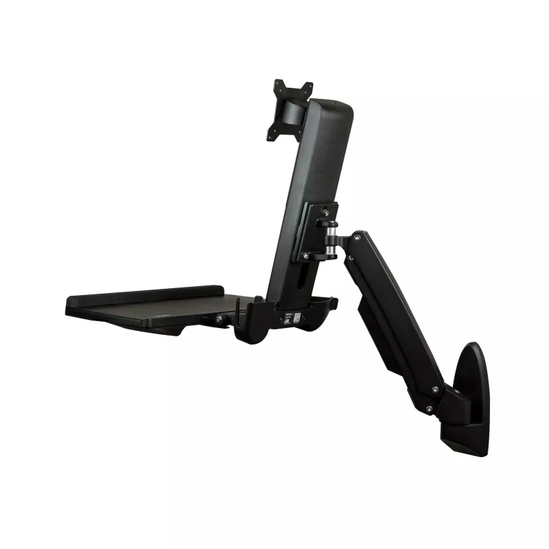 Estación de trabajo de montaje en pared StarTech.com – Escritorio elevable articulado Full-Motion con brazo ergonómico regulable en altura para monitor y bandeja de teclado – Soporte para ratón y escáner – Pantalla VESA individual
