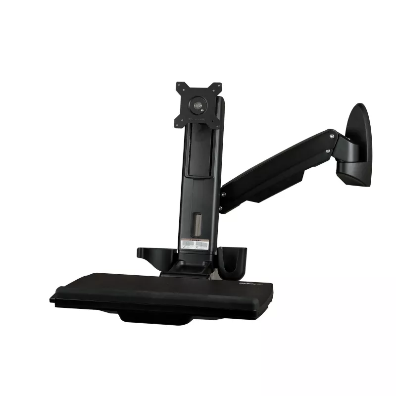 Estación de trabajo de montaje en pared StarTech.com – Escritorio elevable articulado Full-Motion con brazo ergonómico regulable en altura para monitor y bandeja de teclado – Soporte para ratón y escáner – Pantalla VESA individual