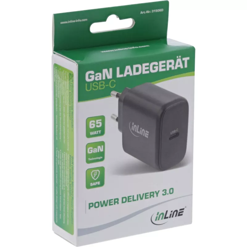 InLine USB PD fuente de alimentación, cargador GaN, USB-C único, Power Delivery, 65 W
