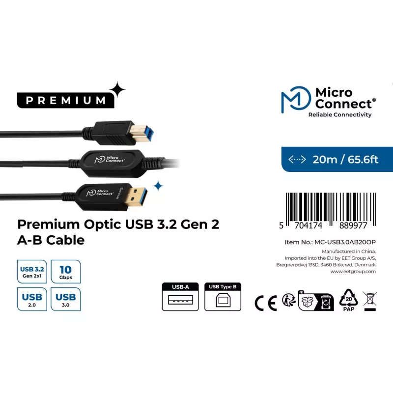 Microconnect MC-USB3.0AB20OP Cable USB USB 3.2 Gen 2 (3.1 Gen 2) 20 m USB A USB B Negro