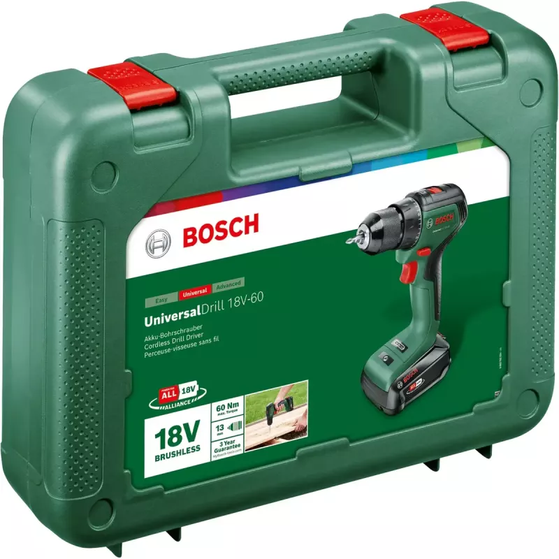 Bosch UniversalDrill 18V-60 06039D7001 taladro inalámbrico, batería de iones de litio de 2,0 Ah, maletín, verde/negro