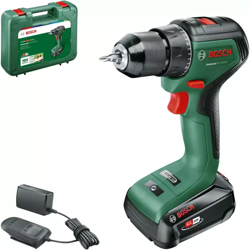 Bosch UniversalDrill 18V-60 06039D7001 taladro inalámbrico, batería de iones de litio de 2,0 Ah, maletín, verde/negro