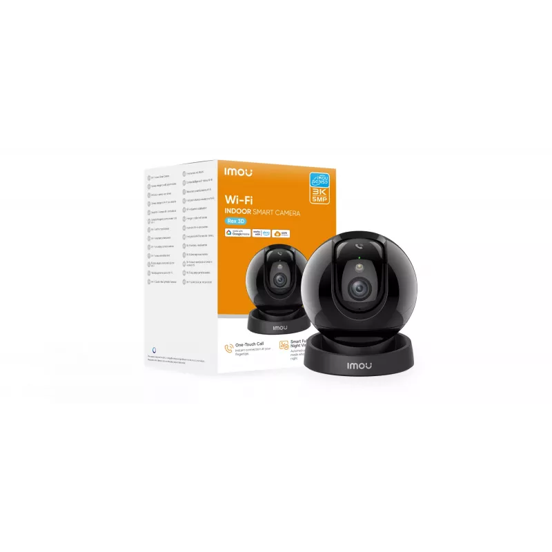 Imou Rex 3D 5MP-R1 Cámara H.265 Wi-Fi P&T, cámara de vigilancia IP, interior, con cable e inalámbrica, Amazon Alexa y Google Assistant, techo/pared/escritorio, Negro