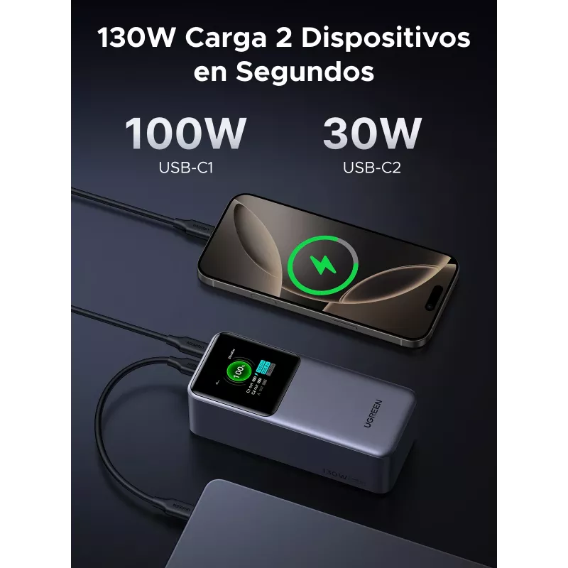 Batería externa Ugreen 20000mAh 130W carga rápida litio gris