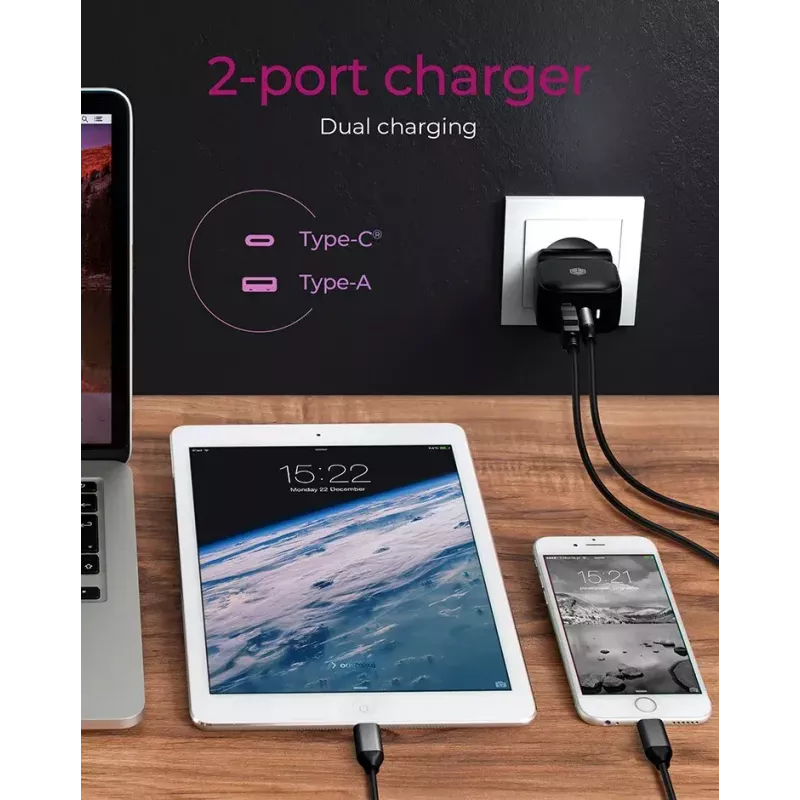 Cargador de pared ICY BOX 2 puertos USB Power Delivery carga rápida negro